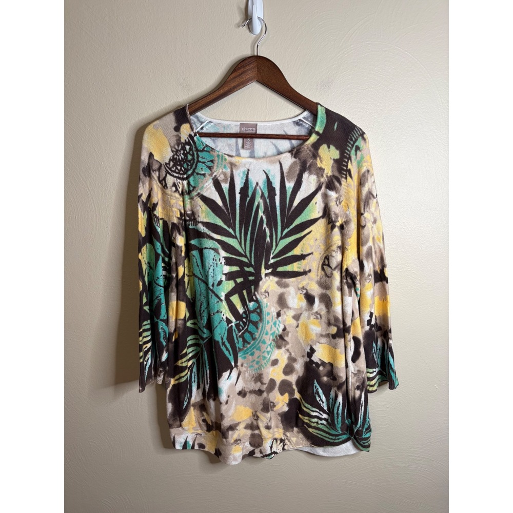Chico's Knit Top Women 3 XL Yellow Teal Tropical Palm Animal Print Coastal Boho